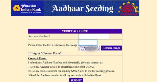 Indian Bank online Aadhaar link